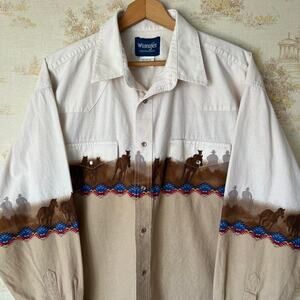 Wrangler Pearl Snap Western Shirt XXL Aztec Horse Print | Novelty Rodeo Cowboy